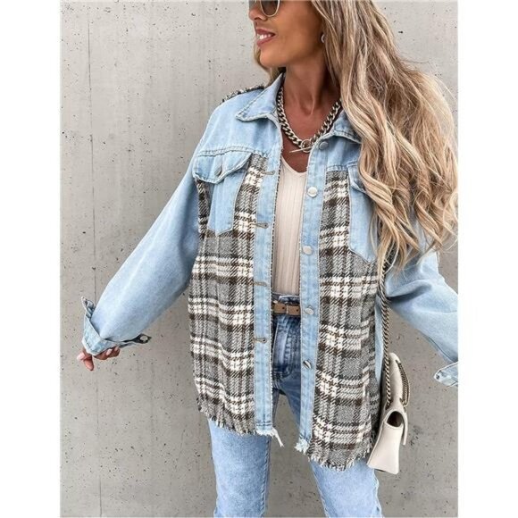 Light Wash Plaid Printed Patchwork Oversized Denim Jean‎ Shacket Jacket Top - Picture 3 of 7